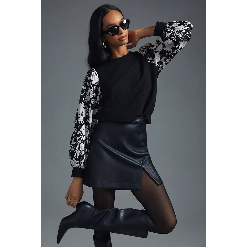 Anthropologie Porridge Floral Textured Long Puff Sleeve Sweatshirt Black & White